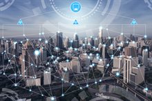 Modern city with a fictional network of communication hubs