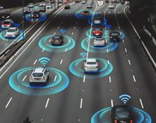 Cars driving on a highway with radar signals around them