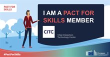 AI generated picture of a woman standing next to a sign that states I am a Pact for Skills member followed by CITC logo